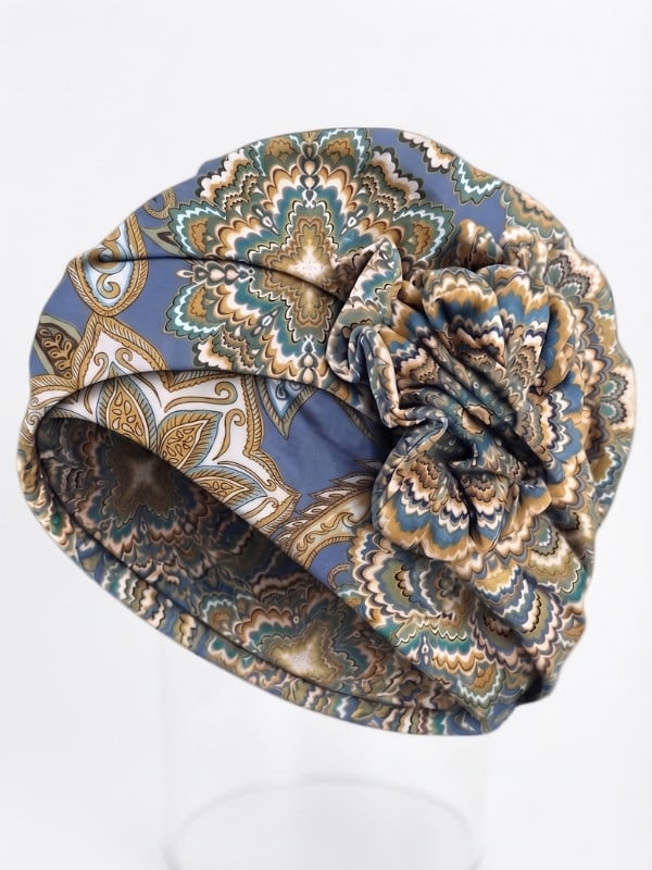 Turban Anna Printed Gisela Mayer à imprimé avec fleur décorative, doux et respirant en bambou/viscose pour un confort au quotidi